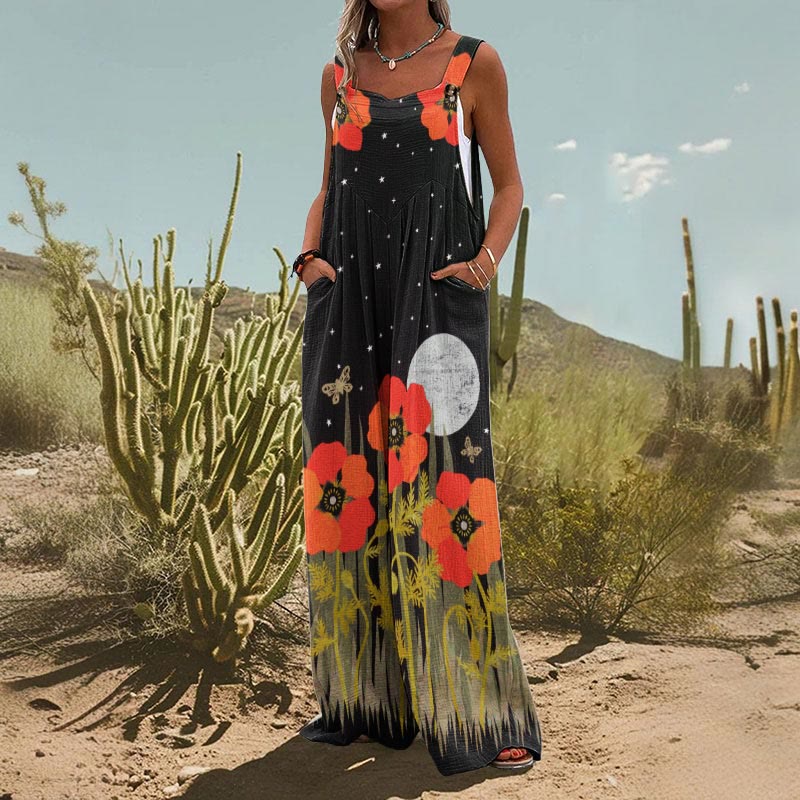 Women's Retro Moon Flower Print Casual Wide Leg Jumpsuit