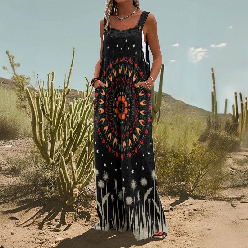 Women's Retro Ethnic Totem Flower Print Casual Wide Leg Jumpsuit
