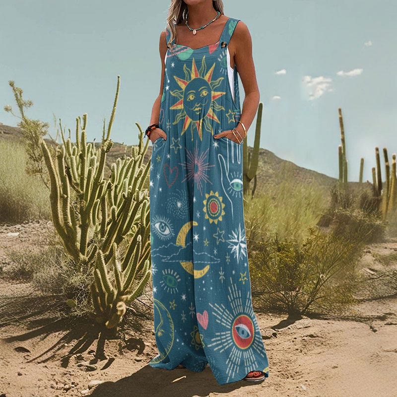 Women's Retro Bohemian Sun Moon Print Casual Wide Leg Jumpsuit