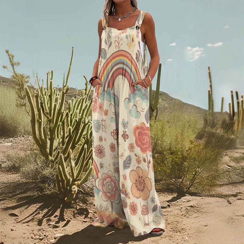 Women's Retro Resort Floral Rainbow Print Casual Wide Leg Jumpsuit