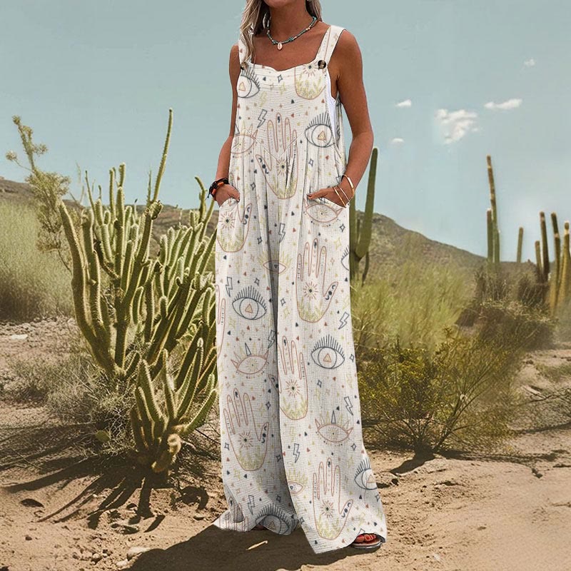 Boho Retro Resort Palm Eyes Print Casual Wide Leg Jumpsuit
