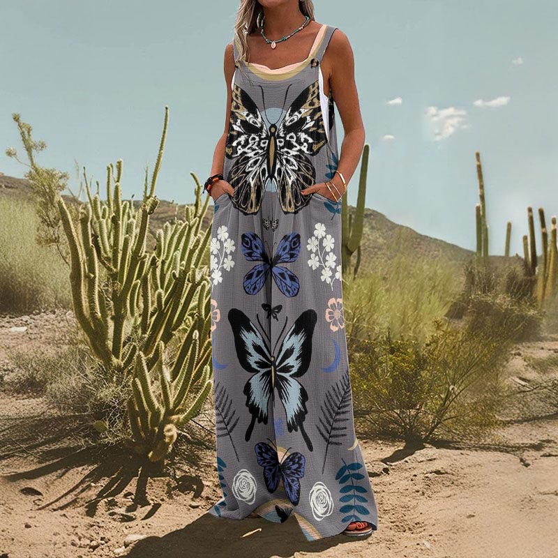Retro Butterfly Print Casual Wide Leg Jumpsuit