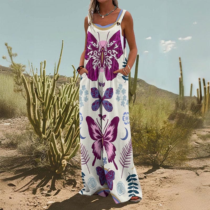 Retro Butterfly Print Casual Wide Leg Jumpsuit