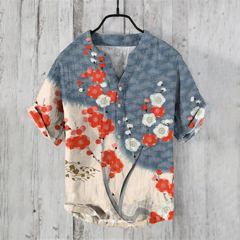 Japanese Art Sakura Print Short Sleeve Shirt
