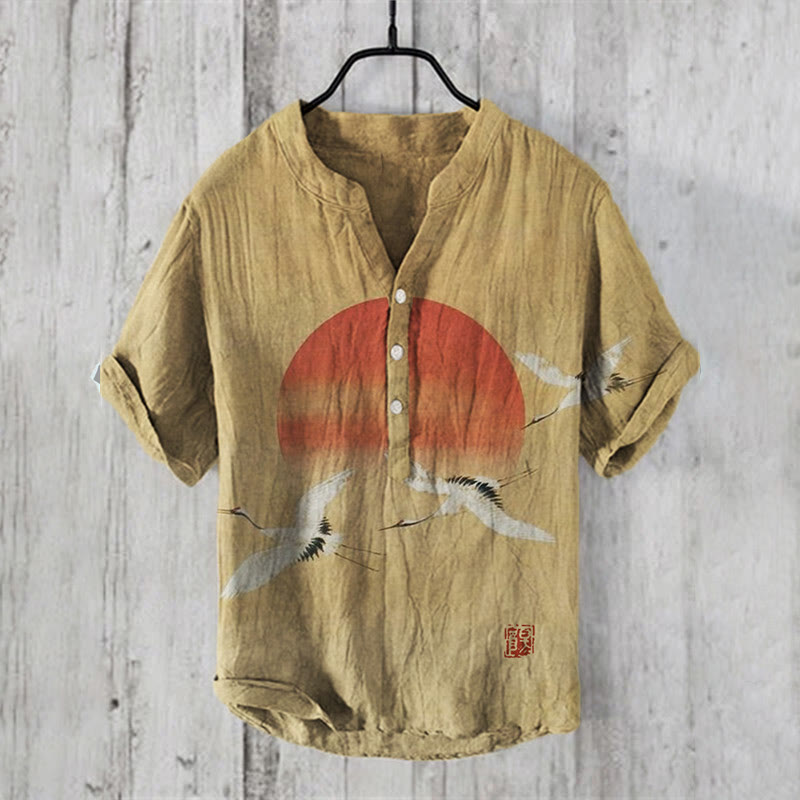 Flying Cranes Sunrise Japanese Art Print Casual Shirt
