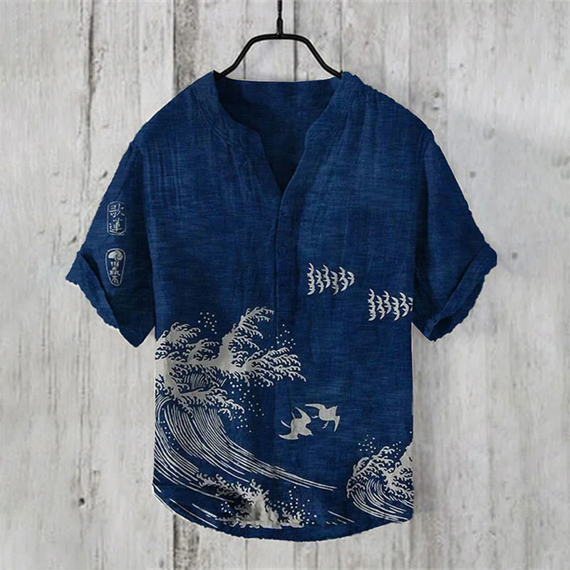 Vintage Japanese Style Sea Wave Print Shirt