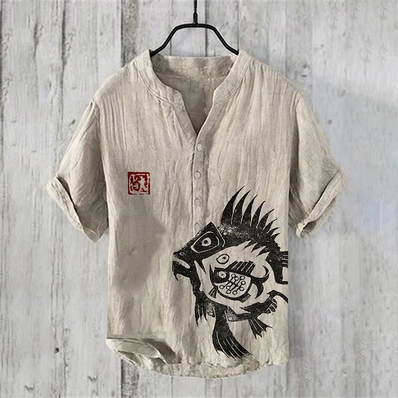 Vintage Japanese Fish Art Print Shirt