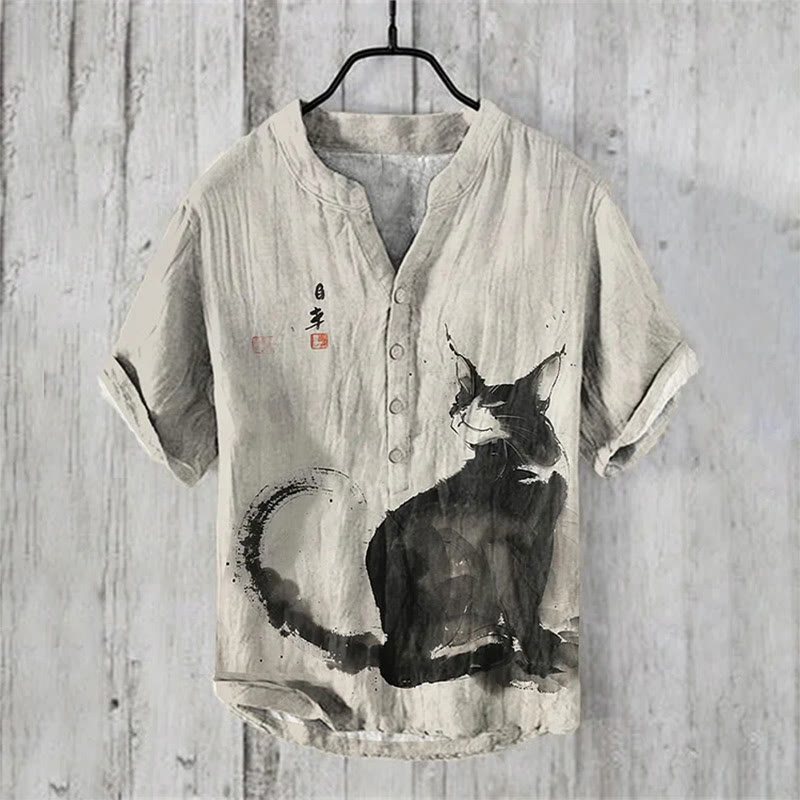 Vintage Japanese Art Ink Painting Cat Print Shirt