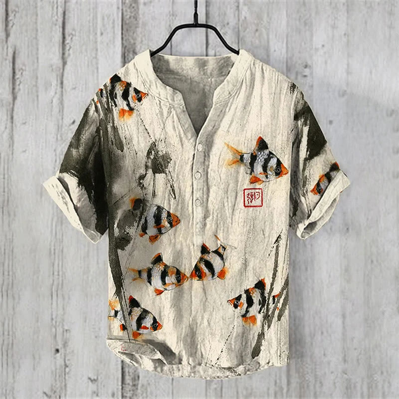 Tiger Barb Fish Japanese Ink Art Print Shirt - Beige - 5XL - image 1