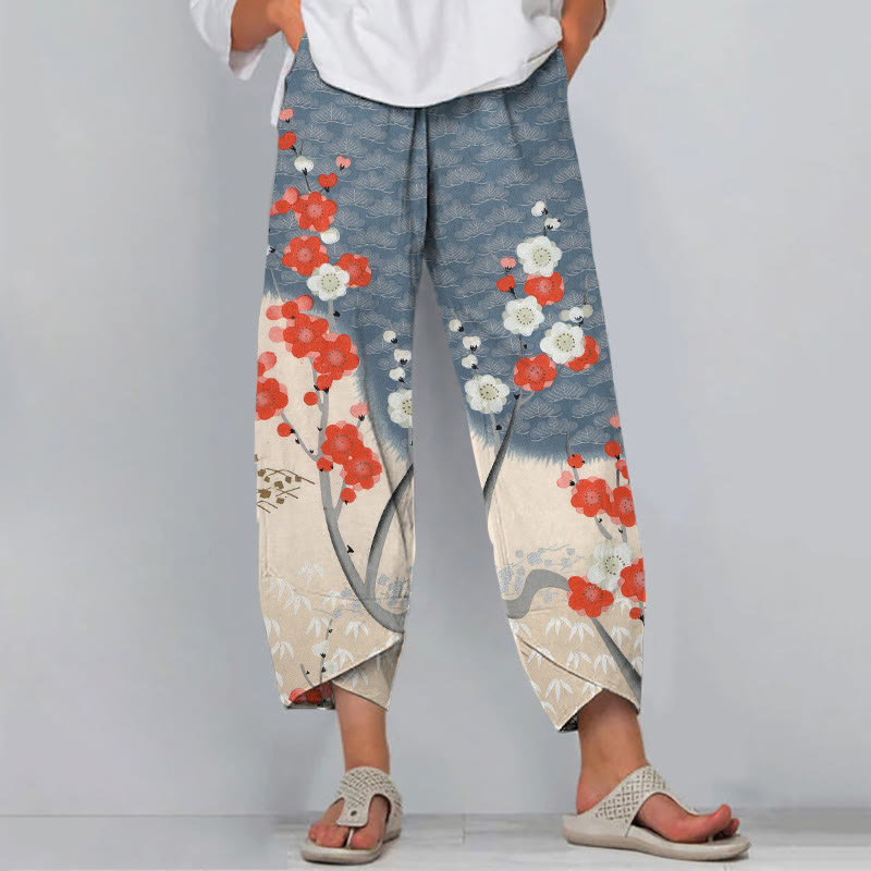 Japanese Art Cherry Blossom Print Casual Pants - Khaki - 8XL - image 1