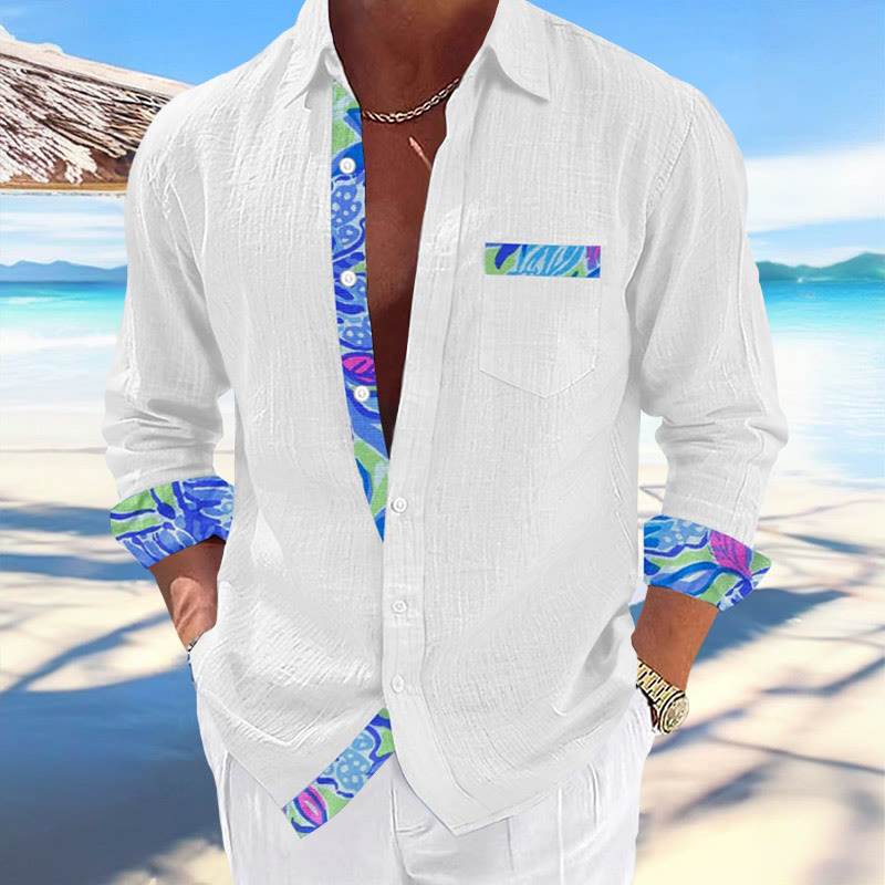 Men's Hawaiian Print Fashionable Resort Casual Pocket Long Sleeve Shirt - White - 5XL - image 1