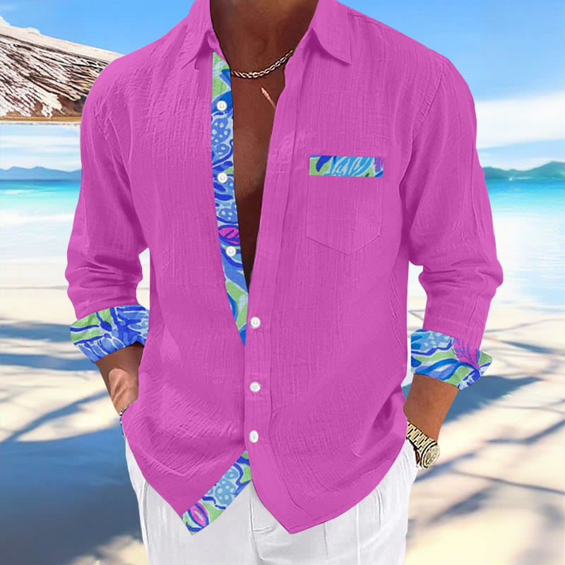 Men's Hawaiian Print Fashionable Resort Casual Pocket Long Sleeve Shirt - Purple - 5XL - image 3