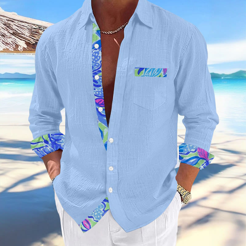 Men's Hawaiian Print Fashionable Resort Casual Pocket Long Sleeve Shirt - Blue - 5XL - image 2