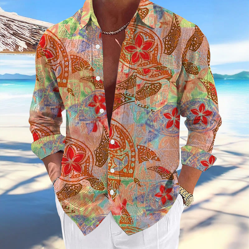 Men's Casual Hawaiian Floral Sea Turtle Print Stylish Resort Pocket Long Sleeve Shirt - Orange - 5XL - image 1