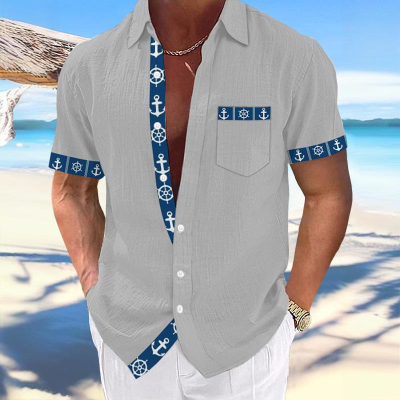 Men's Summer Vacation Anchor Print Lapel Shirt - Grey - 5XL - image 2
