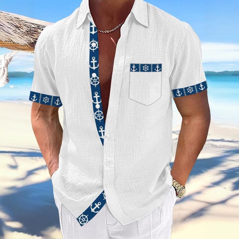 Men's Summer Vacation Anchor Print Lapel Shirt - White - 5XL - image 1