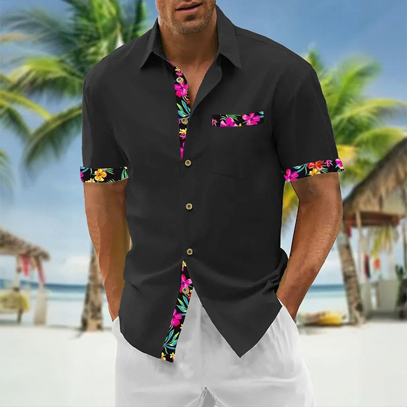 Men's Hawaiian Floral Contrast Print Casual Short Sleeve Shirt - Black - 5XL - image 1