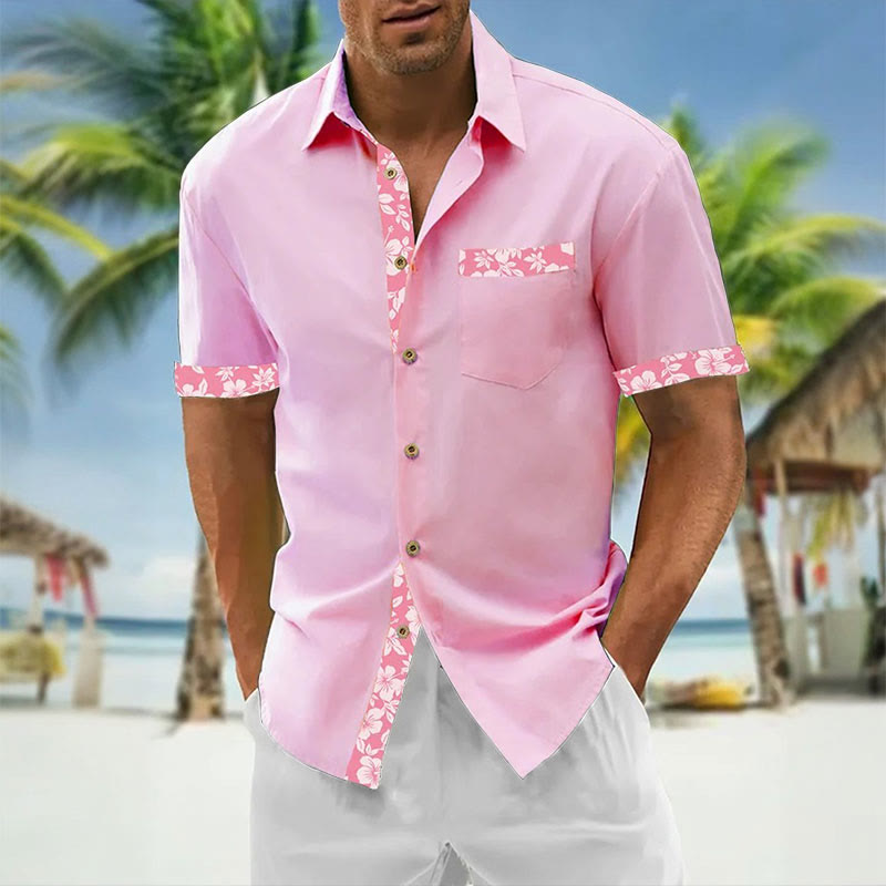 Men's Summer Vacation Hawaiian Floral Contrast Print Casual Short Sleeve Shirt - Pink - 5XL - image 1