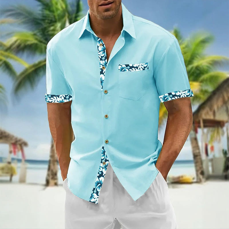 Men's Summer Vacation Hawaiian Floral Print Casual Short Sleeve Shirt - Blue - 5XL - image 1