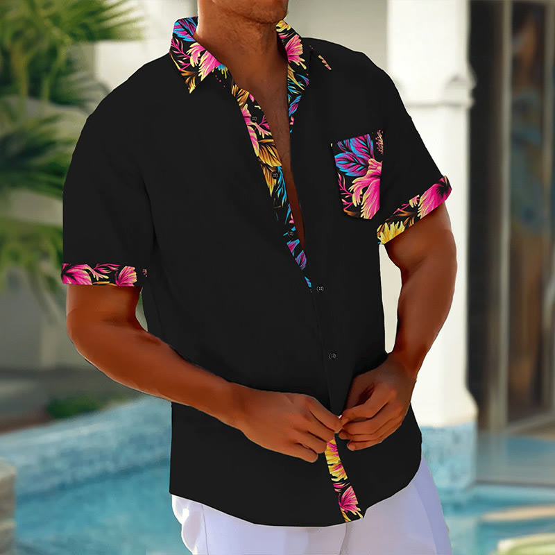 Men's Resort Style Contrast Floral Print Casual Short Sleeve Shirt - Black - 5XL - image 1
