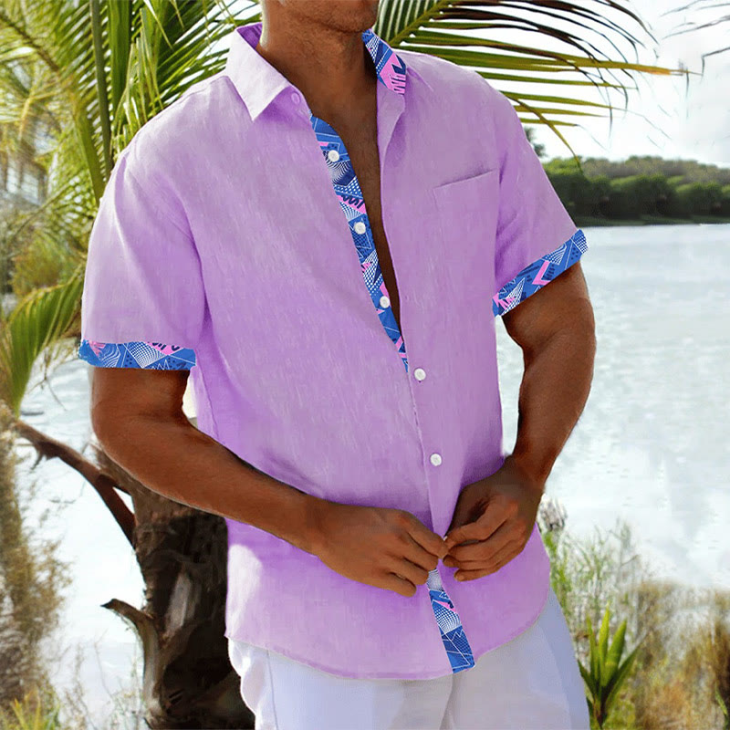 Men's Geometric Contrast Print Casual Short Sleeve Shirt - Light Purple - 5XL - image 1