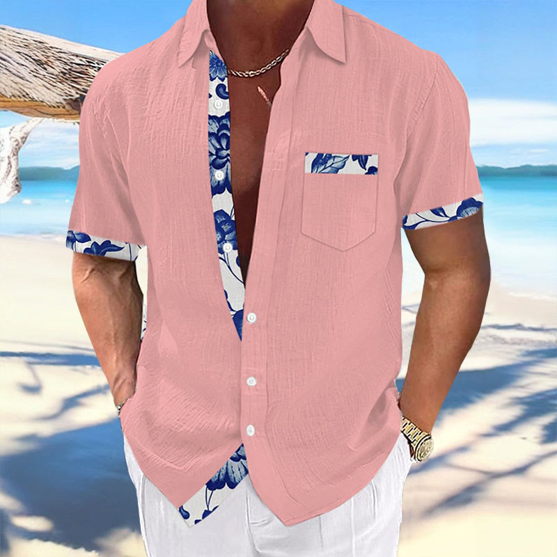 Men's Hawaiian Print Fashionable Resort Casual Short Sleeve Shirt - Pink - 5XL - image 2