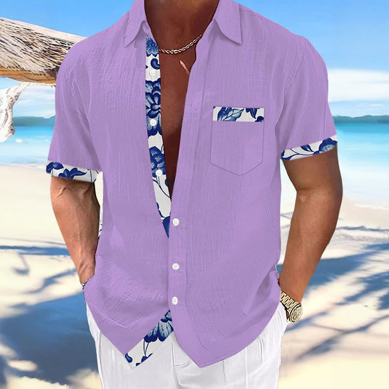 Men's Hawaiian Print Fashionable Resort Casual Short Sleeve Shirt - Purple - 5XL - image 5