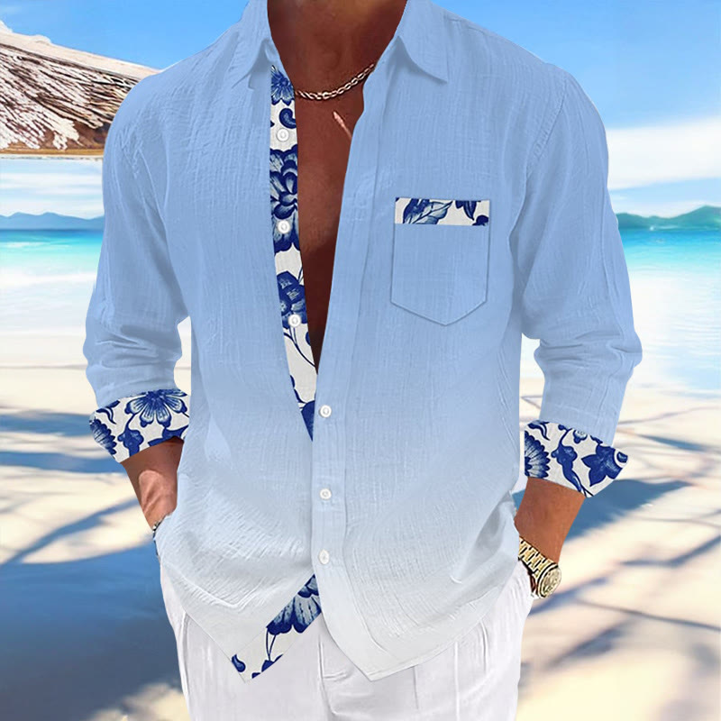 Men's Hawaiian Print Fashionable Resort Ombre Casual Shirt  - Blue - 5XL - image 1