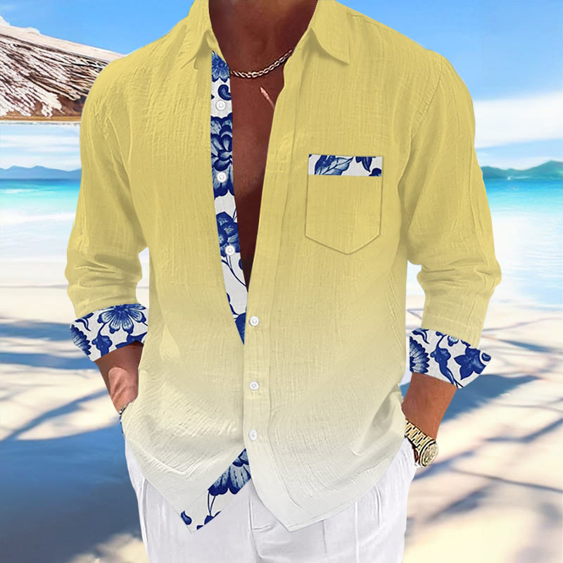 Men's Hawaiian Print Fashionable Resort Ombre Casual Shirt  - Yellow - 5XL - image 4