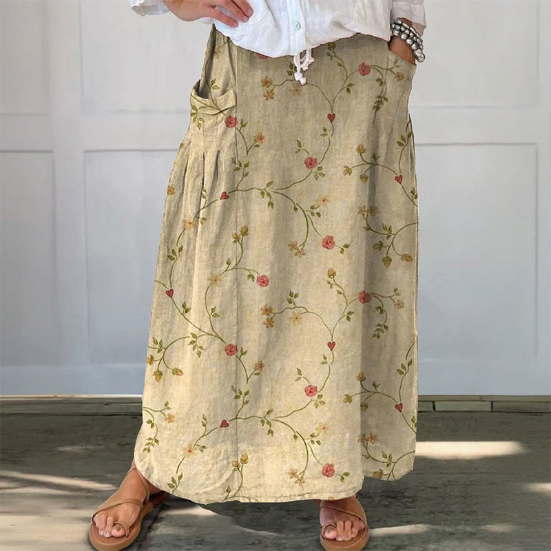 Women's Retro Floral Print Casual Skirt - Khaki - 3XL - image 1