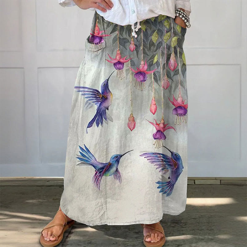 Women's Hummingbird Art Print Casual Pocket Skirt - Grey - 3XL - image 1