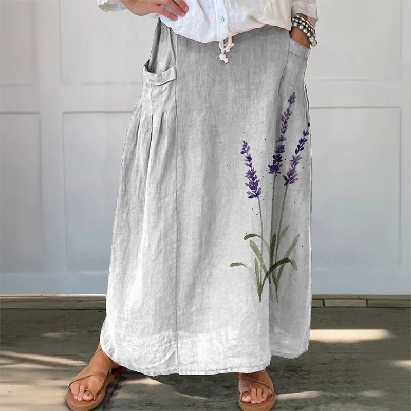 Women's Watercolor Lavender Floral Printed Casual Pocket Skirt - Grey - 3XL - image 1