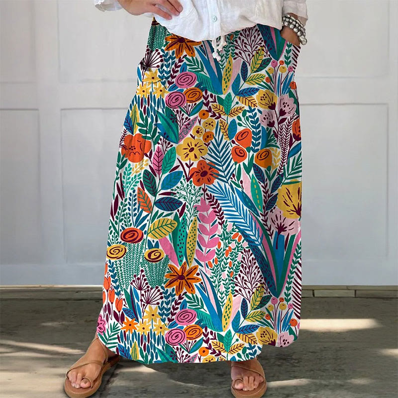 Women's Multicolor Floral Printed Casual Pocket Skirt - Green - 3XL - image 1