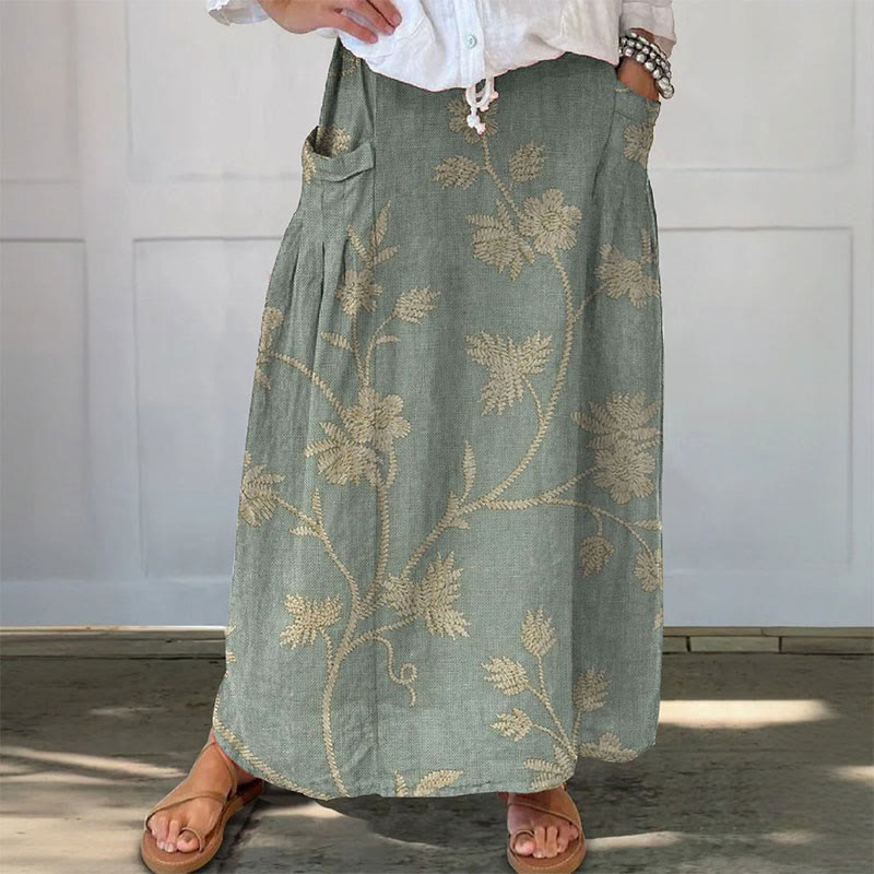 Women's Retro Literary Floral Art Print Casual Pocket Skirt - Blue - 3XL - image 1