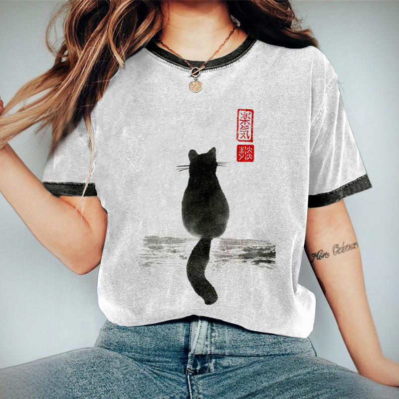 (Limited offer) Japanese Cat Art Crew Neck Short Sleeves T-shirt