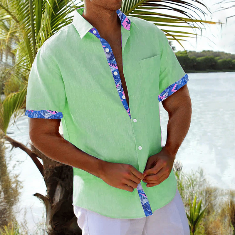 Men's Geometric Contrast Print Casual Short Sleeve Shirt - Green - 5XL - image 4
