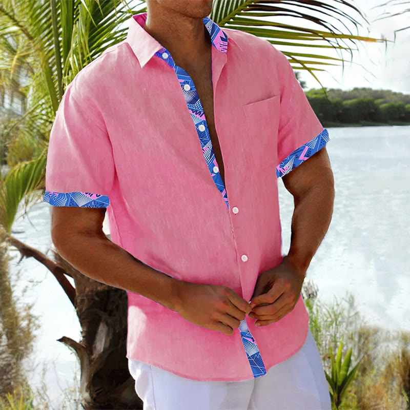 Men's Geometric Contrast Print Casual Short Sleeve Shirt - Red - 5XL - image 3