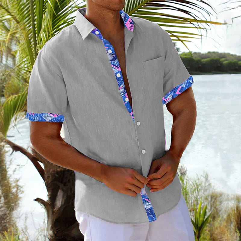 Men's Geometric Contrast Print Casual Short Sleeve Shirt - Grey - 5XL - image 5