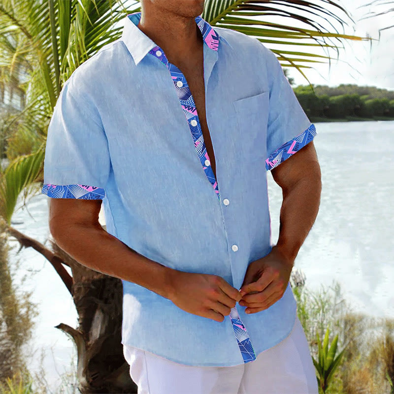 Men's Geometric Contrast Print Casual Short Sleeve Shirt - Blue - 5XL - image 2