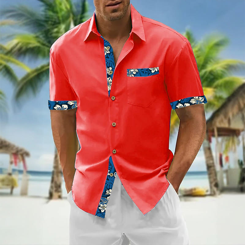 Men's Resort Style Contrast Print Casual Short Sleeve Shirt - Red - 5XL - image 3