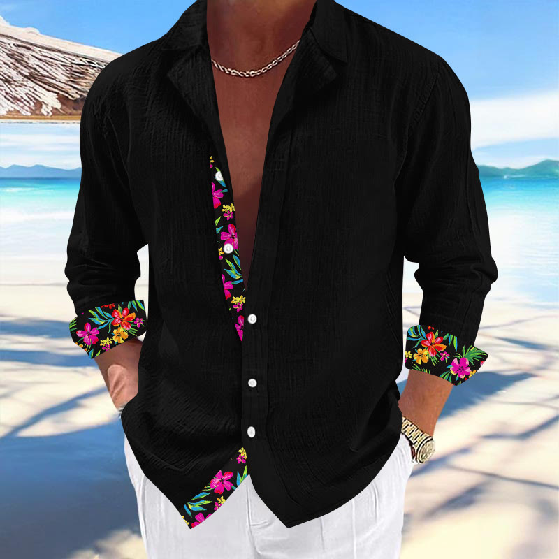 Men's Resort Fashion Hawaiian Tropical Floral Print Casual Cuban Collar Long Sleeve Shirt - Black - 6XL - image 1