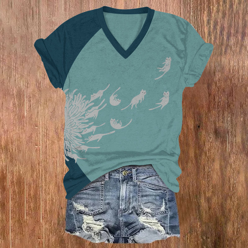 Abstract Creative Dandelion And Cat Painting Art V-neck T-shirt