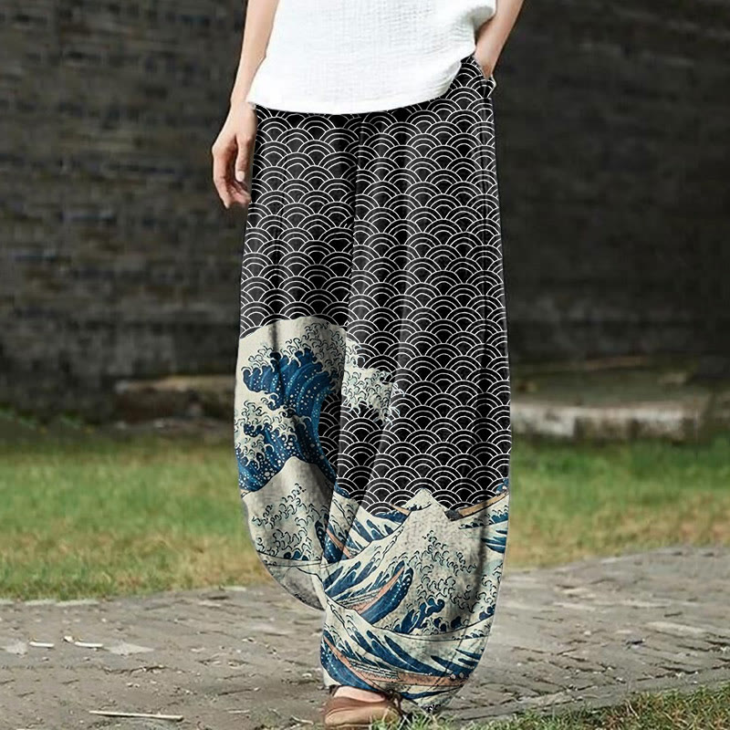 Dashingsoul The Great Wave Off Kanagawa Inspired Japanese Art Print Casual Pants