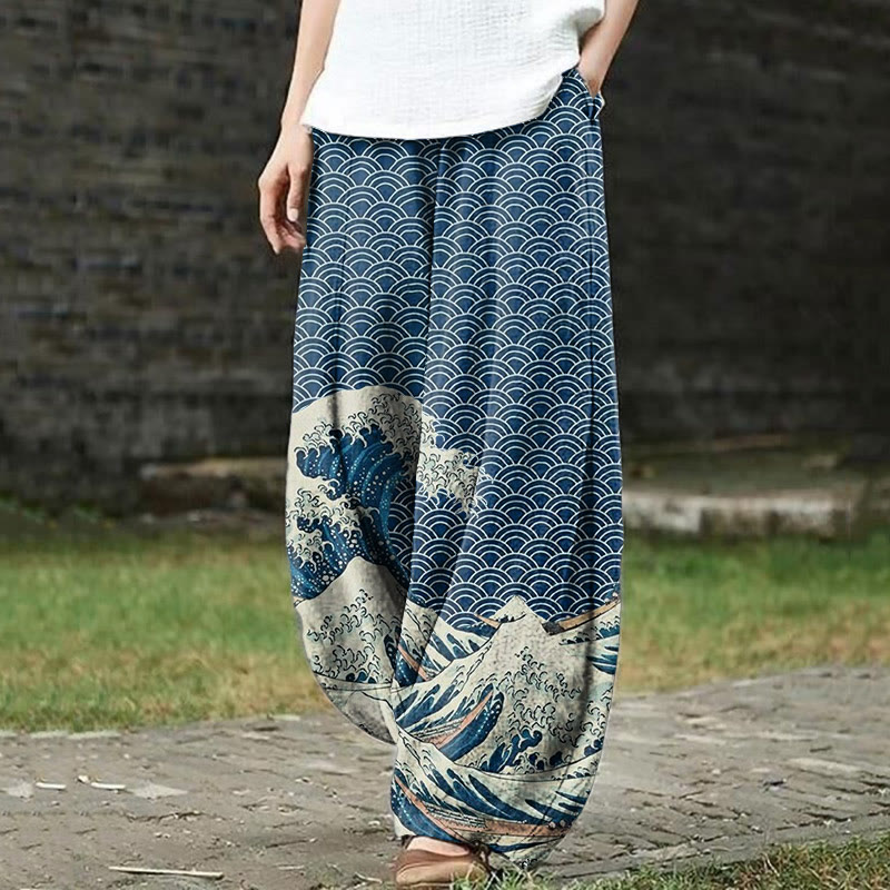 Dashingsoul The Great Wave Off Kanagawa Inspired Japanese Art Print Casual Pants