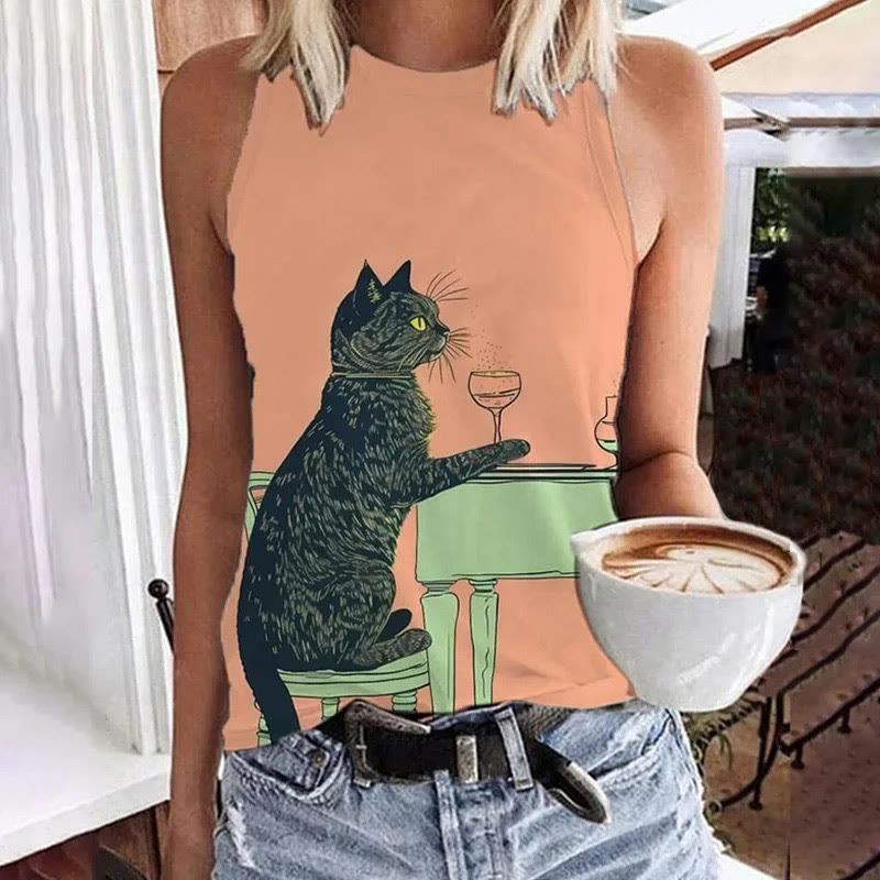 Abstract Creative Black Cat Champagne Art Print Tank Top - Pink - 5XL - image 1