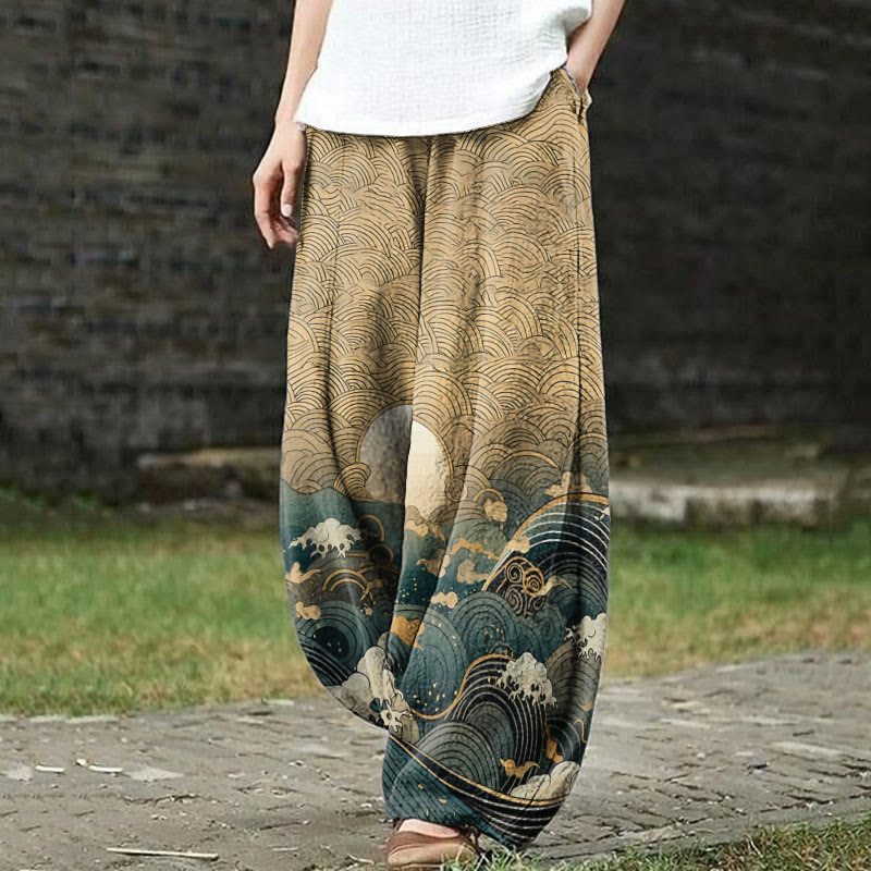 Dashingsoul Ancient Japanese Style Wave Print Casual Pants