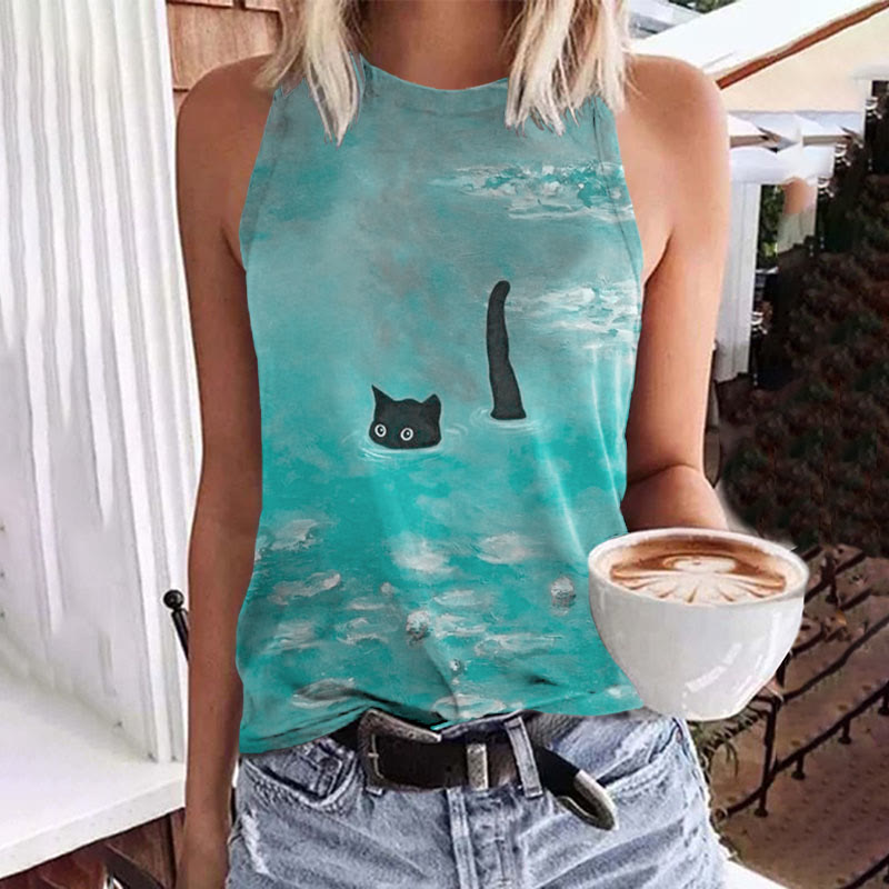 Women's Oil Painting Cat Print Art Tank Top - Light Blue - 5XL - image 2