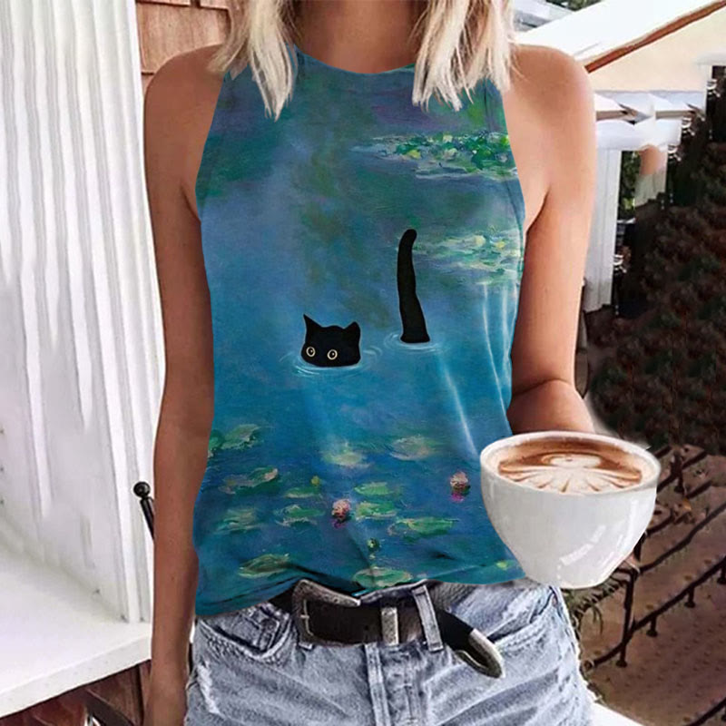 Women's Oil Painting Cat Print Art Tank Top - Blue - 5XL - image 1