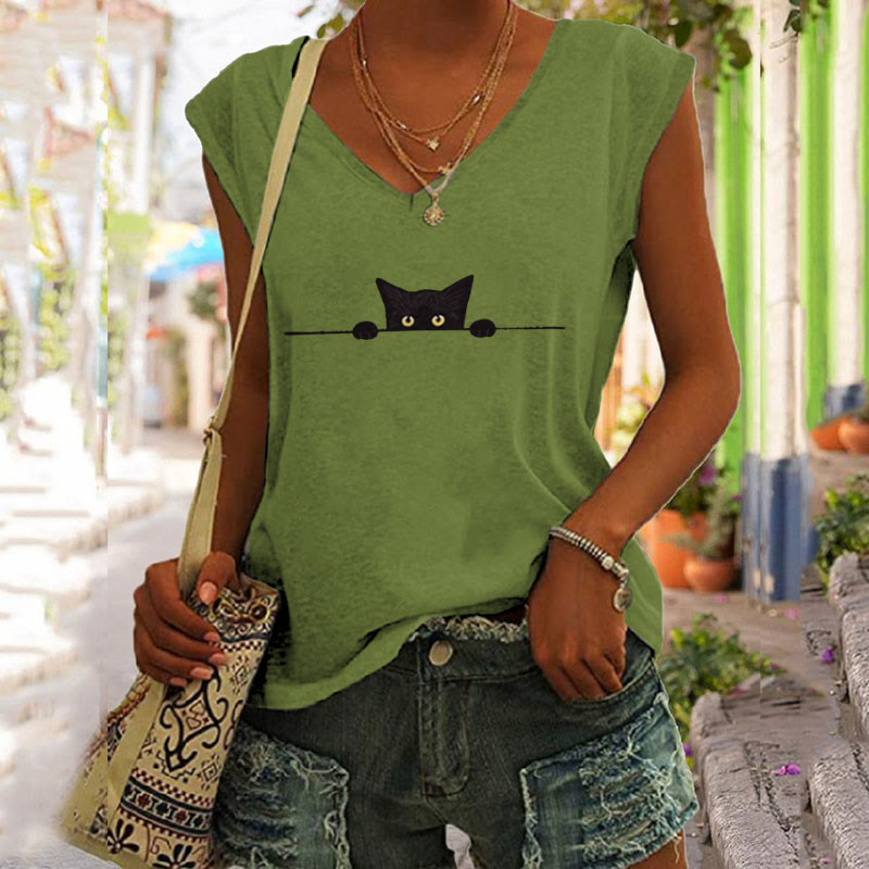 Women's Casual Black Cat Print V-neck Vest - Green - 5XL - image 1