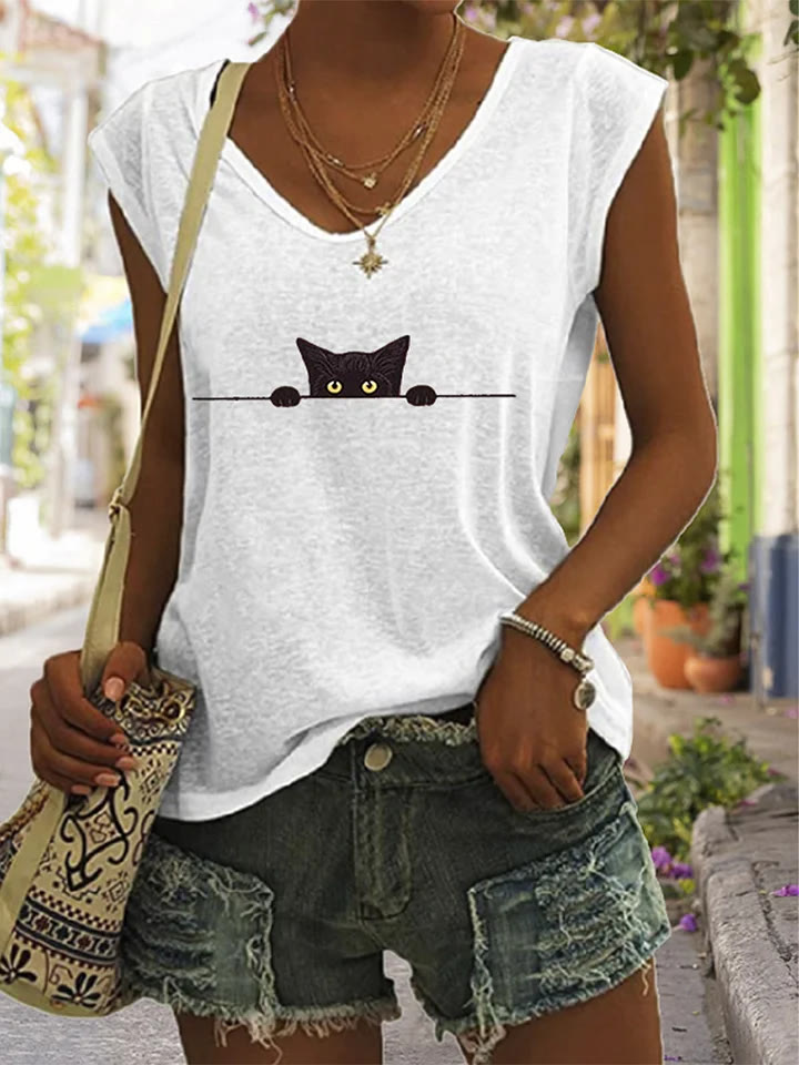 Women's Casual Black Cat Print V-neck Vest - White - 5XL - image 2